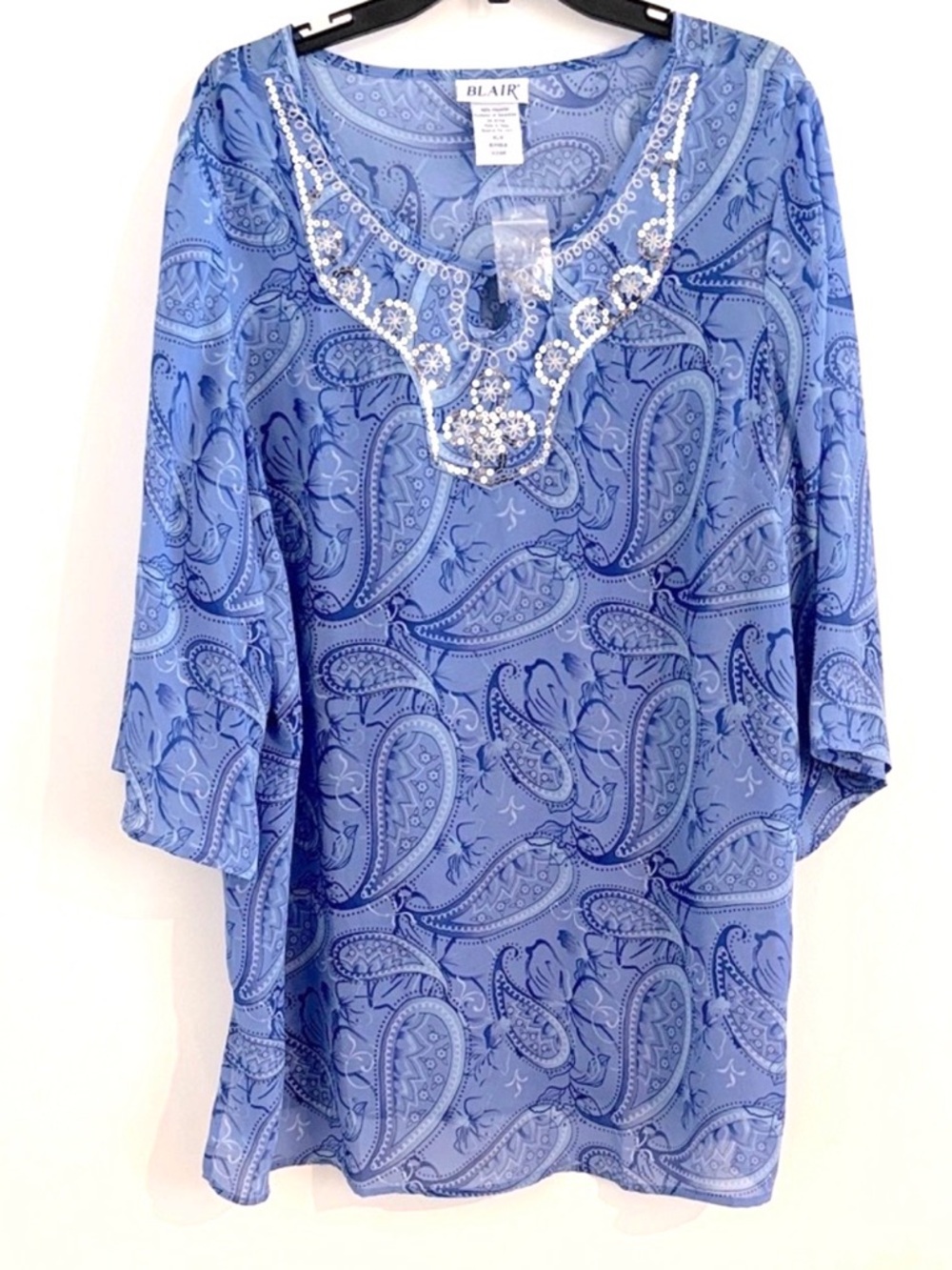 BLAIR Blue Paisley Top with Sequins Size XLG NWT